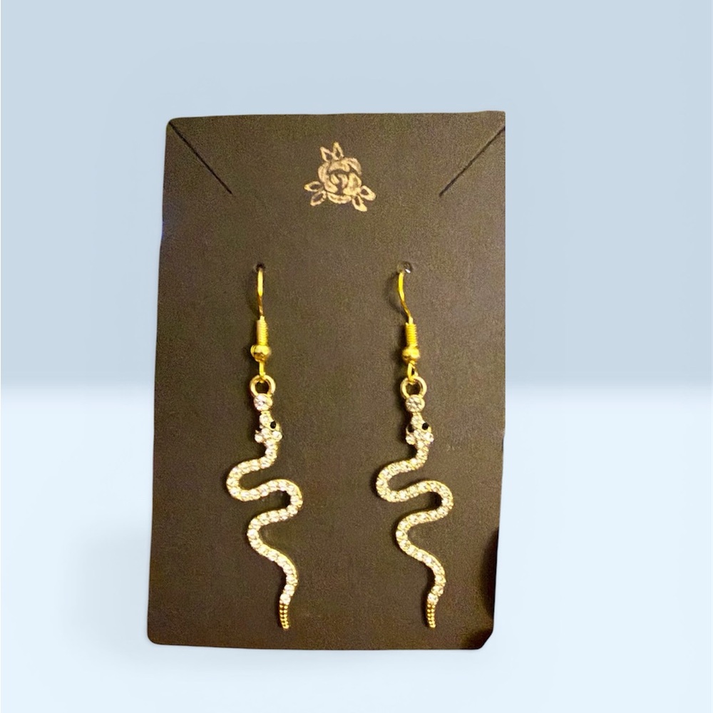 Gold Tone Crystal Snake Dangle Earrings - Women Jewelry
